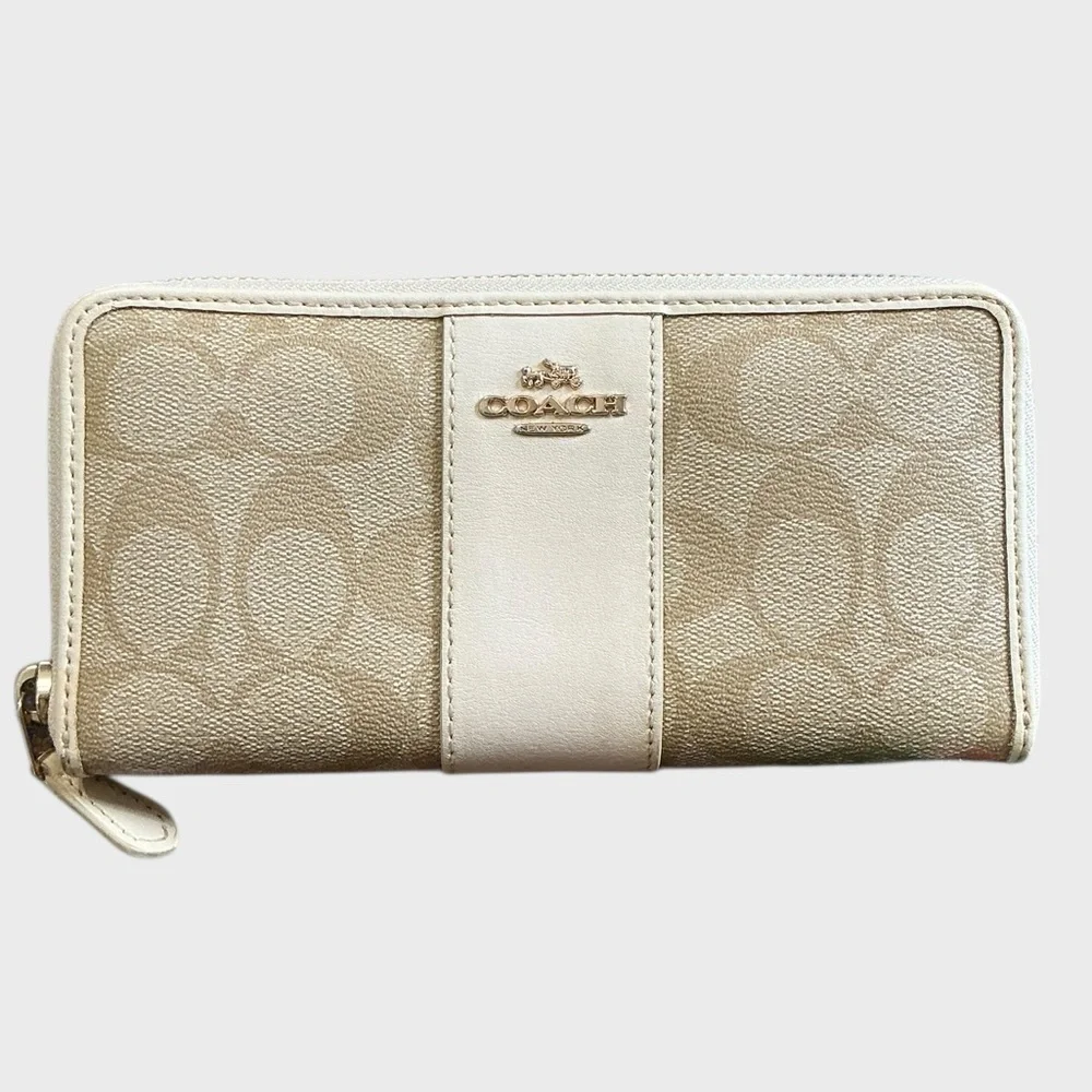 Coach Signature Accordion Zip Around Wallet F54630 Khaki Chalk